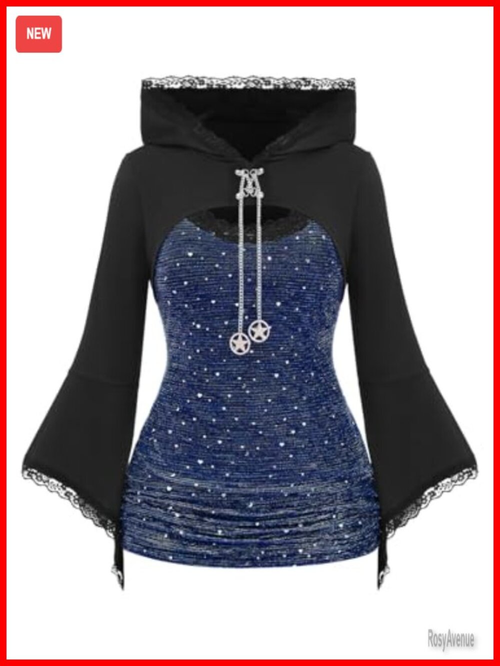 Gothic Lace Panel Bell Sleeve Hooded Tunic Top Plus Size